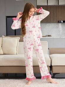 SHEIN 女童紫色郁金香印花长袖上衣和裤子两件套睡衣 - 粉色 - 查看 4