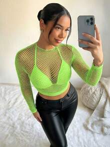 VaVaBold 女士网眼透视圆领长袖性感时尚上衣 - 綠色 - 查看 1