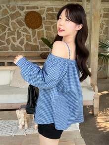 DAZY Women's Plaid Off-Shoulder Long Sleeve Girly Blouse - Blue - View 2