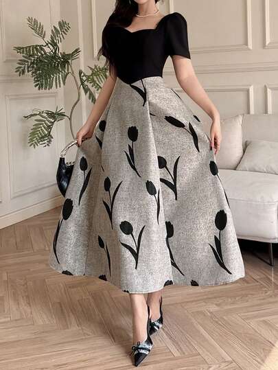 DAZY 女士优雅花卉拼接泡泡袖连衣裙，夏季