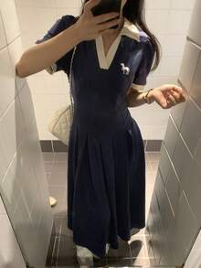 DAZY 女士休闲刺绣撞色Polo领中长连衣裙，夏季婚礼宾客礼服/吊带裙 - 藏蓝色 - 查看 6