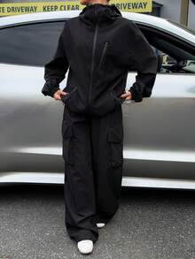 Muchica 女士黑色梭织长袖拉链连帽外套和裤子套装 - 黑色 - 查看 5