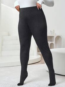 SHEIN CURVE+ Curve 尺码 US22 音乐节、海滨度假、波西米亚黑色网眼衬里保暖打底裤，秋冬季 - 深灰色 - 查看 5