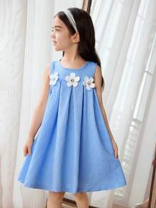 Girlhood Core Girls Blue Bow Decor Pleated Detail Fashion Minimalist Versatile Casual Outfit - Blue - View 3