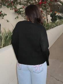 Tyla Gomez Women's Loose Fit V-Neck Long Sleeve Knitted Black Sweater, Autumn/Winter,Tops For School - Black - View 6