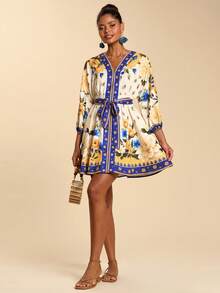 Travachic Women's V-Neck 3/4 Sleeve Printed Chiffon Mini Dress, Suitable For Spring/Summer Vacation - Multicolor - View 3