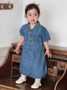 DAZY 2件套女婴休闲韩版水洗牛仔翻领上衣和牛仔裙套装 - 中等水洗藍 - 查看 6