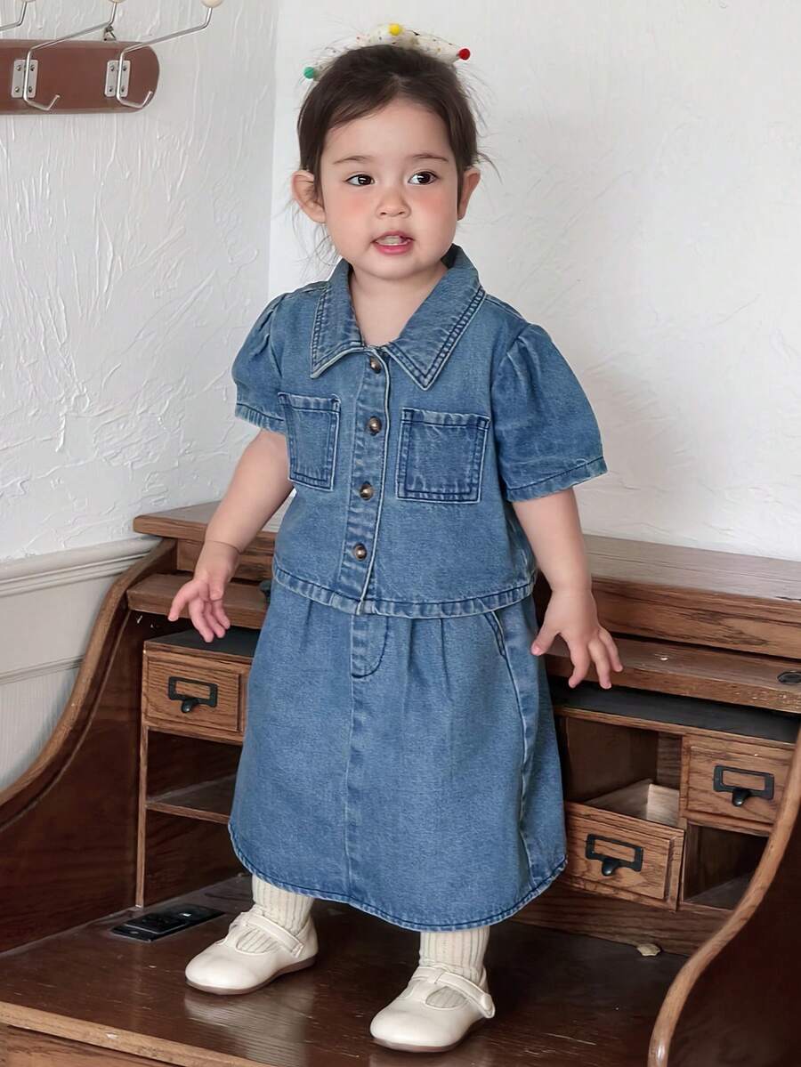 DAZY 2件套女婴休闲韩版水洗牛仔翻领上衣和牛仔裙套装 - 中等水洗藍 - 查看 1