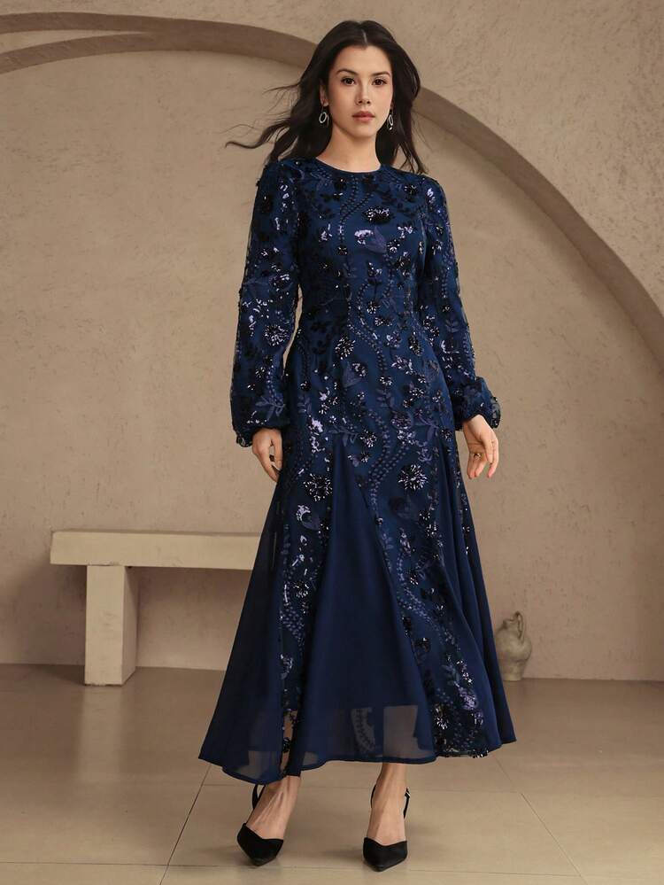 Sequin Mesh Patchwork Waist Midi Dress For Women Sparkly Dress Sundress