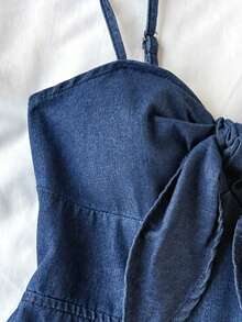 Soleia Women's Vacation Tie Front Fashionable Denim Romper - Dark Wash - View 4