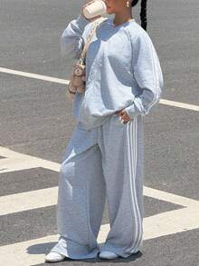 Muchica 大码女式插肩袖拉链连帽衫和阔腿裤休闲两件套 - 灰色 - 查看 1