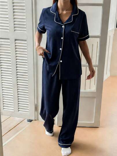 Dream Adore Women's Casual Navy Blue Striped Print Lapel Cardigan & Pants Pajama Set