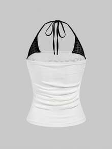 ROMWE J-Fashion Y2K辣妹音乐节主题波点印花二合一撞色蕾丝棉质露背修身背心（女款） - 白色 - 查看 2