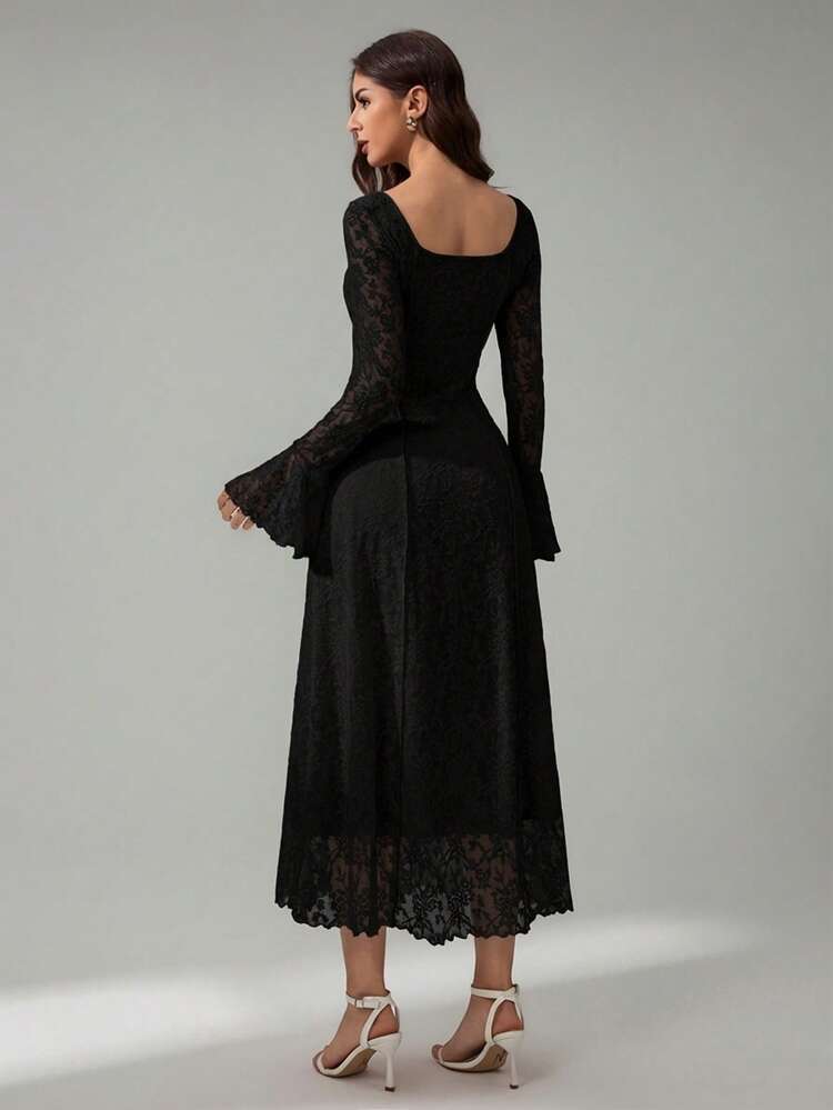 SHEIN Tall فستان نسائي بأكمام طويلة، للحفلات والمناسبات الرسمية، فساتين نسائية أنيقة، فساتين عودة الخريجين، فساتين سهرة رسمية، فساتين نسائية للحفلات، فستان حفل الزفاف في الخريف - الأسود - مشاهدة 2