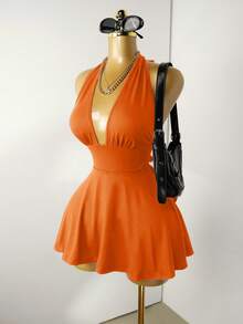 Mistrie Black Tight-Fitting Romper With Deep V-Neck, Backless Strap - Burnt Orange - View 4