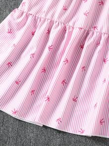 Short Sleeve Teenage Girls' Multicolor Striped Fuchsia Bow Decor Top With Cap Sleeve And Layered Ruffle Skirt, Fashionable Elegant For Daily, Party - Pink - View 5