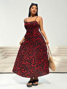 SHEIN EZwear Plus Size Leopard Print Adjustable Waist Dress With Spaghetti Straps, Backless Design And Hidden Zipper, Suitable For Spring/Summer, Summer Dresses - Red - View 3