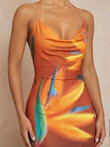 Lumalex 女士超大款花卉渐变吊带露背垂褶领紧身连衣裙，柔软网纱 - 彩色 - 查看 4