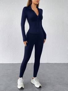 SHEIN PETITE Bộ đồ thể thao hai mảnh màu đen: Áo khoác có khóa kéo và quần legging. - Xanh đậm - Xem 7