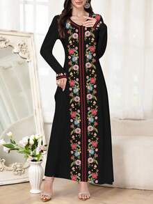 Al Najma 优雅V领印花针织长袖连衣裙，可单穿或作为内搭，适合约会、度假、日常、休闲、派对、节日等场合，黑色长款连衣裙，飘逸连衣裙，印花长款连衣裙，复古连衣裙，植物印花连衣裙 - 黑色 - 查看 3