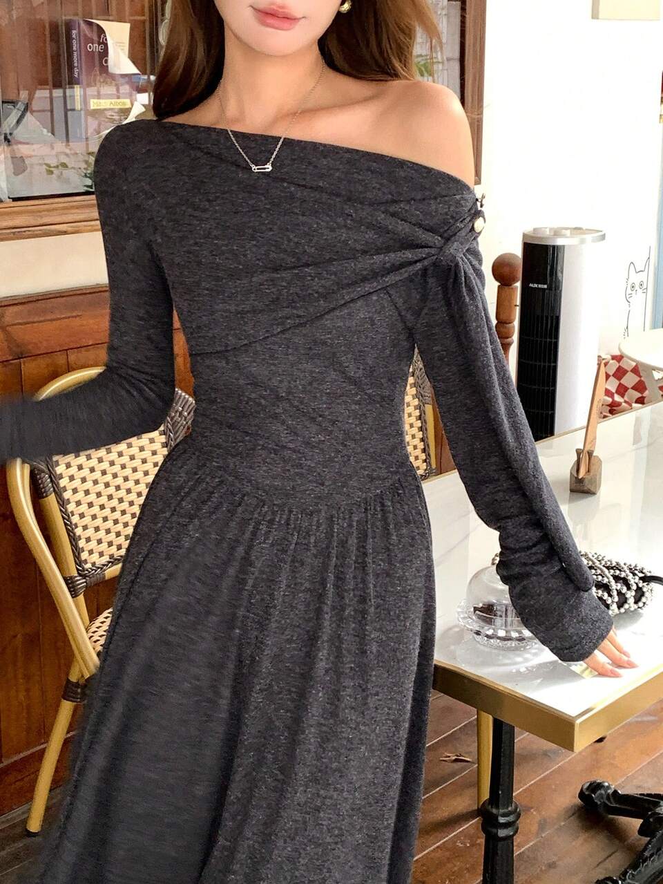Women's Casual Solid Color Ruched 2 In 1 Long Sleeve Dress With Asymmetric Shoulder Maxi Dress Sundress