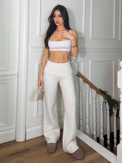 Ronhire 罗纹针织钩编细节翻折腰带阔腿裤套装（仅下装）秋季舒适可爱休闲咖啡俱乐部优雅晚宴派对