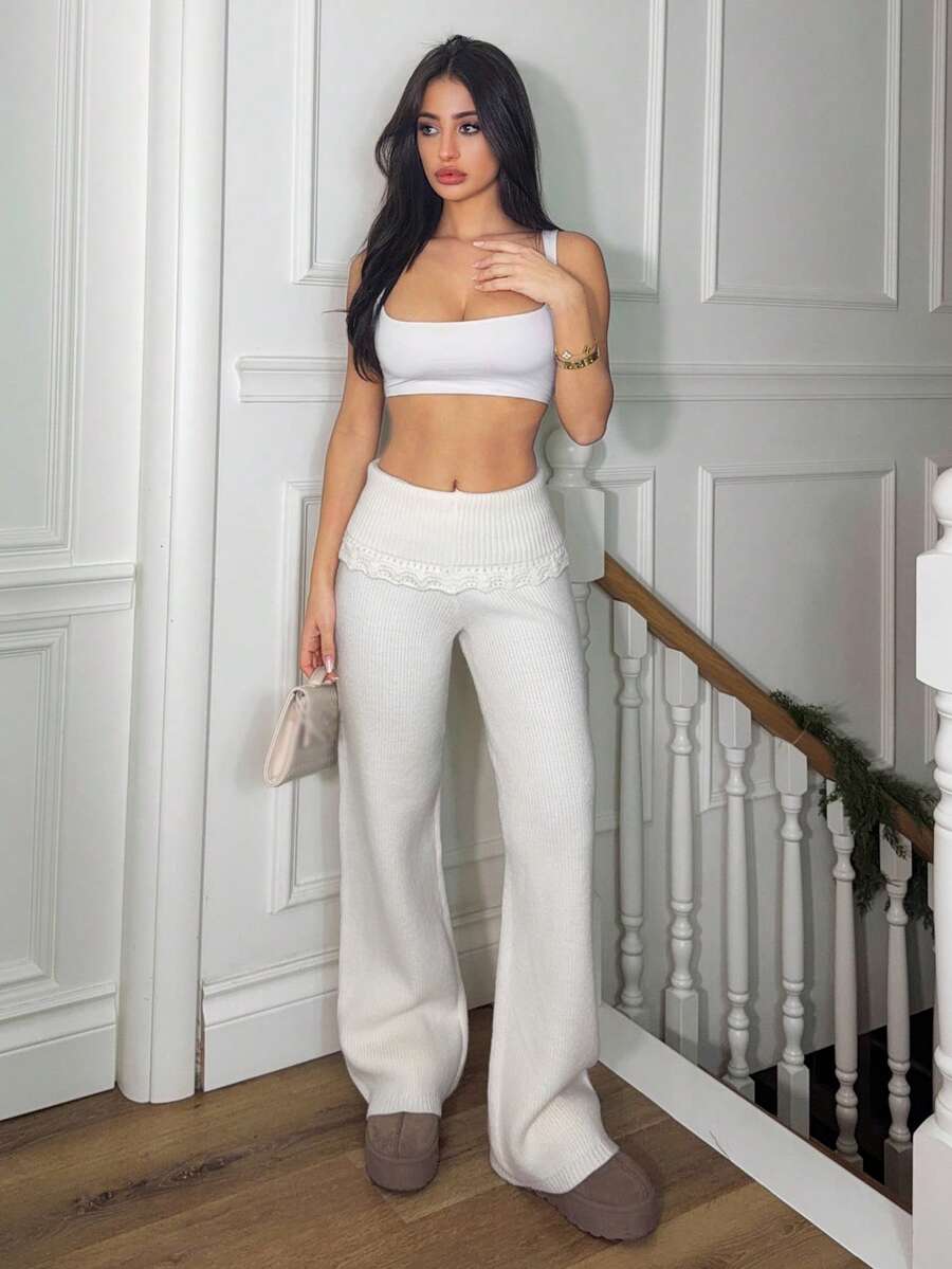 Ronhire 罗纹针织钩编细节翻折腰带阔腿裤套装（仅下装）秋季舒适可爱休闲咖啡俱乐部优雅晚宴派对 - 奶油色 - 查看 1