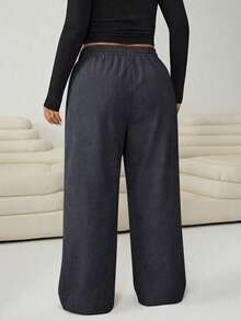 Solflare Calças casuais de veludo cotelê plus size com cordão na cintura, cinza escuro, outono - Cinza escuro - Ver 2