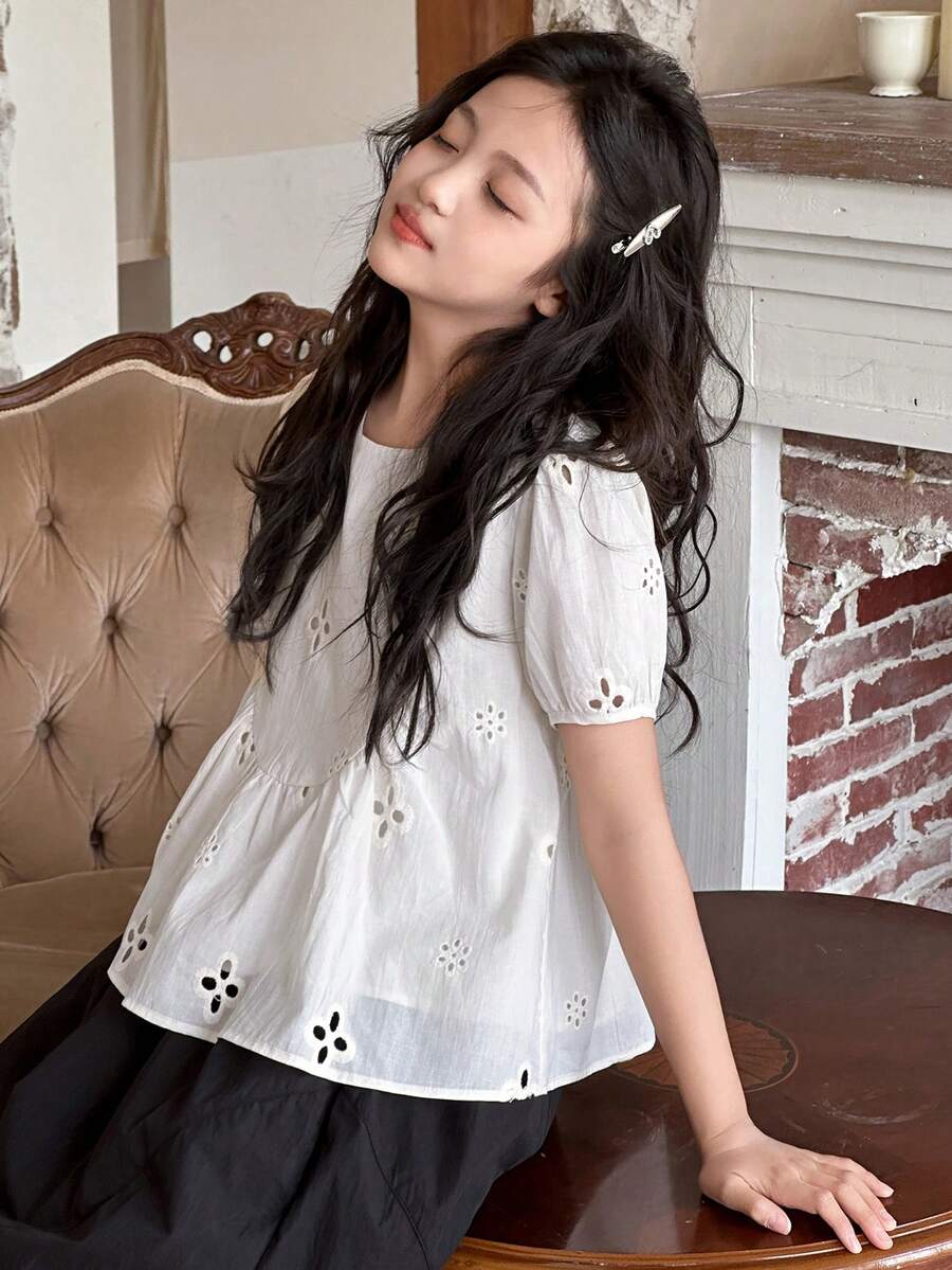 Dazy Kids Tween Girl Eyelet Embroidery Puff Sleeve Peplum Top - White - View 1