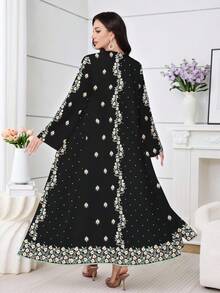 Al Najma 一件舒适保守的长款睡袍，传统复古印花连衣裙/碎花连衣裙，适合女性日常穿着、约会、休闲、派对、节日等场合。女士连衣裙，植物复古印花连衣裙，黑色连衣裙 - 黑色 - 查看 2