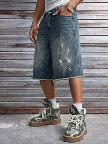 AXEPEAK 男士休闲牛仔短裤，斜插口袋，水钻装饰，毛边裤脚 - 藍色 - 查看 4