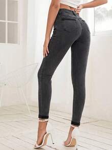 SHEIN Unity High Waist Front Button Skinny Thermal Lined Jeans - Grey - View 2