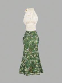 SHEIN MOD 绿色油画花卉图案高腰侧抽绳褶皱美人鱼中长裙 – 复古浪漫长裙，完美适用于度假、约会、野餐、派对、舞会、节日和生日穿着；浪漫可爱的绿色花卉中长裙，印花裙，女士花卉裙，夏季裙，度假裙，情人节，狂欢节服装 - 綠色 - 查看 7