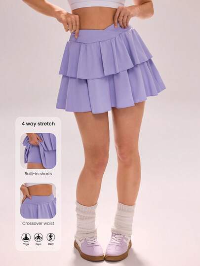 Core Rhythm Women's Solid Color Criss-Cross Waist Layered Casual Mini Skirt