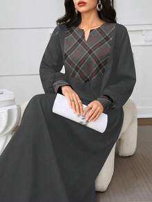 Al Najma Vestido casual suelto de fiesta con cuello en V y patrón de rombos para mujer - Gris - Ver 1