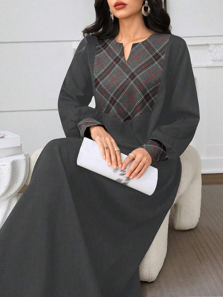 Al Najma Vestido casual suelto de fiesta con cuello en V y patrón de rombos para mujer - Gris - Ver 1