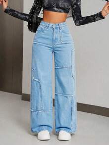 SHEIN Tall Quần jeans ống rộng rách dáng thường ngày dành cho nữ - Màu xanh lam - Xem 5