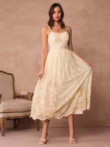 Enchnt Women's Elegant Floral Print & Embroidery Slip Dress, Summer - Apricot - View 6