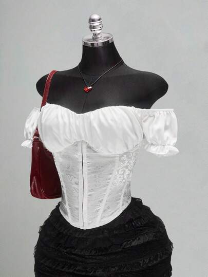 SHEIN ICON Women's Plus Size Retro Sexy Elegant Modern Urban Millennial Style Y2K Bohemian Style Valentine's Day : Off-The-Shoulder Lantern Sleeve Satin Jacquard White Corset Top