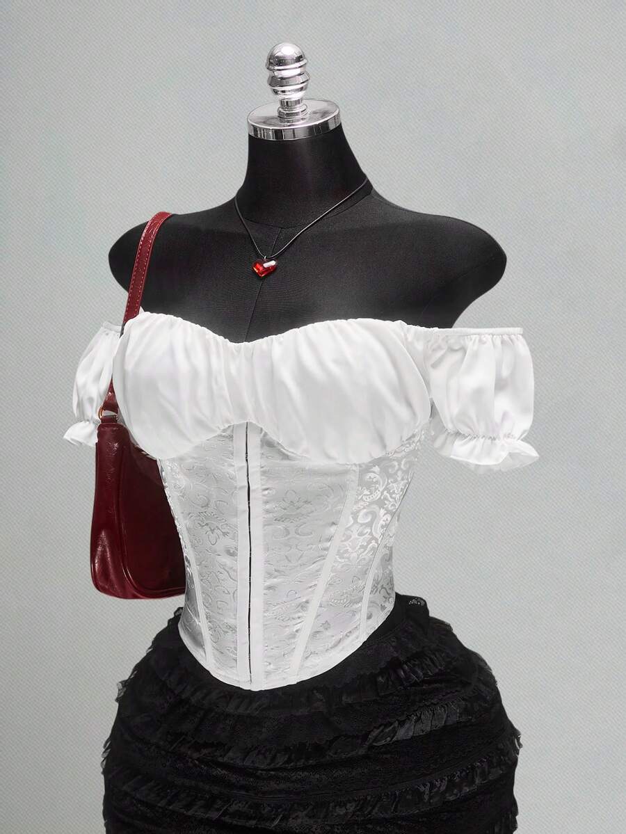 SHEIN ICON Áo corset satin jacquard màu trắng, cỡ lớn dành cho nữ, phong cách retro, gợi cảm, thanh lịch, hiện đại, trẻ trung, thập niên 2000 và Bohemian, thích hợp cho ngày Valentine: Áo corset tay phồng trễ vai bằng satin jacquard. - trắng - Xem 1