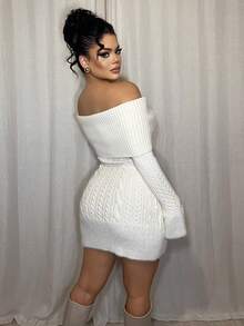 Dayanna Comas 露肩毛绒球吊坠装饰女式 Himekaji 毛衣派对礼服，适合新年、情人节 - 米色 - 查看 2