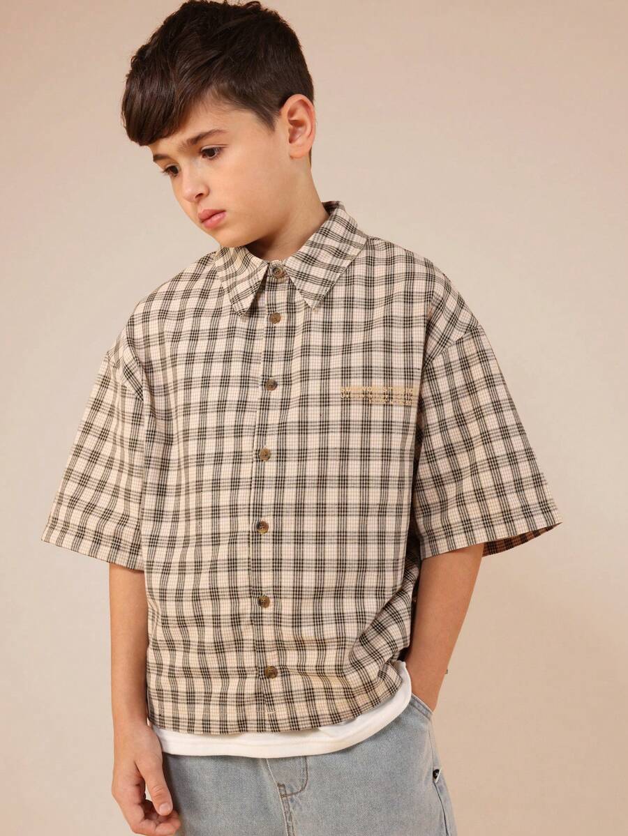 SUMWON Boys Plaid Button Down Short Sleeve Hiker Shirt With Chest Pocket Regular Fit Casual Collared Top - Khaki - View 1