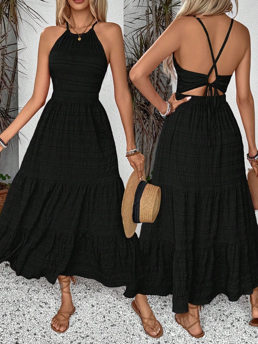 Breezaya Đầm maxi nữ màu trơn tối giản, kiểu dáng thường ngày, chất liệu đan chéo, thích hợp cho kỳ nghỉ hoặc đi biển. - màu đen - Xem 1