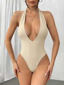 SHEIN Unity Black Deep V-Neck Backless Bodysuit, Stretchy, Soft, Comfortable, Fashionable, Casual, Sexy, Suitable For Petite Women, Spring/Summer - Apricot - View 3