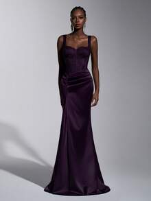 Elitara Elegant Luxury French Contrast Lace Satin Square Neck Adjustable Straps Waist Mermaid Hem Formal Gown, Business Formal Dress, Guest Dress, Evening Dress, Valentine's Day - Purple - View 1