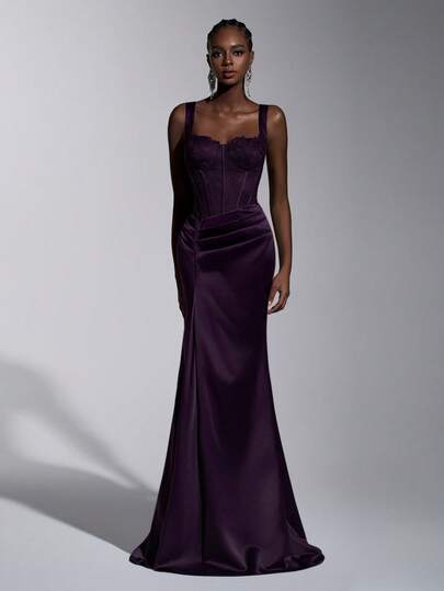 Elitara Elegant Luxury French Embroidered Lace Patchwork Satin Square Neck Adjustable Straps Waist Pleated Flared Hem Formal Gown, Business Formal Dress, Guest Dress, Evening Dress