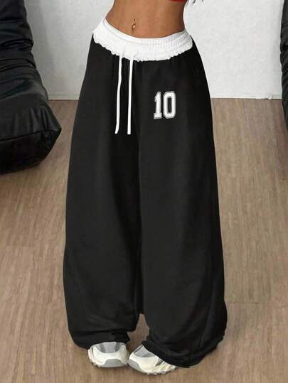 SHEIN Tween Girls' Colorblock Drawstring Waist Loose Straight Leg Casual Sweatpants