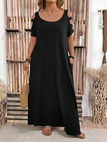 SHEIN LUNE 大码镂空短袖针织圆领休闲连衣裙，优雅百搭，适合日常穿着和通勤。 - 黑色 - 查看 5