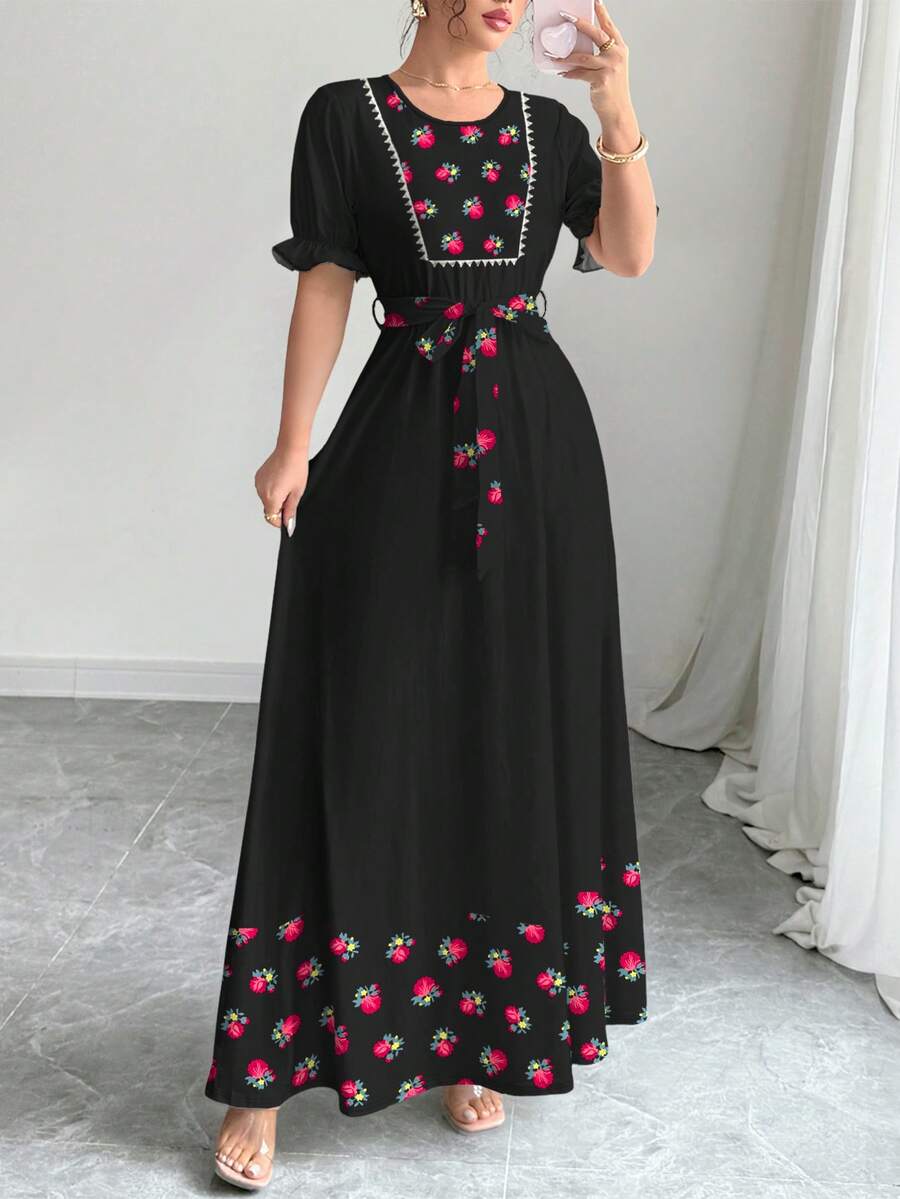 Al Najma 大尺碼女款花卉印花收腰洋裝，圓領短袖，春夏款 - 彩色 - 查看 1