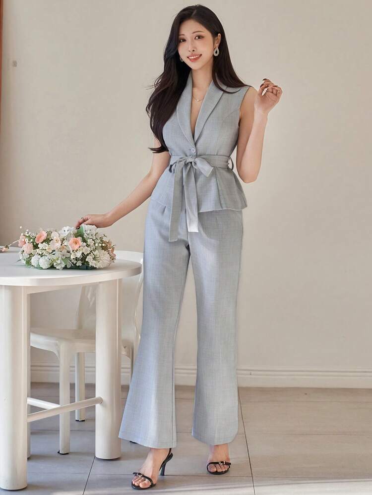 Women's Casual Solid Color Blazer Collar Belted Vest And Flare Pants 2 Pieces Set, Spring/Summer,Wedding Guest Dress Women